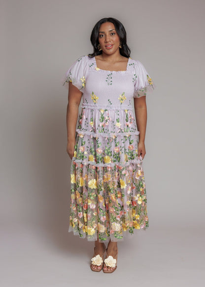 chic size inclusive model wearing JessaKae Pastel Petals Dress Sample