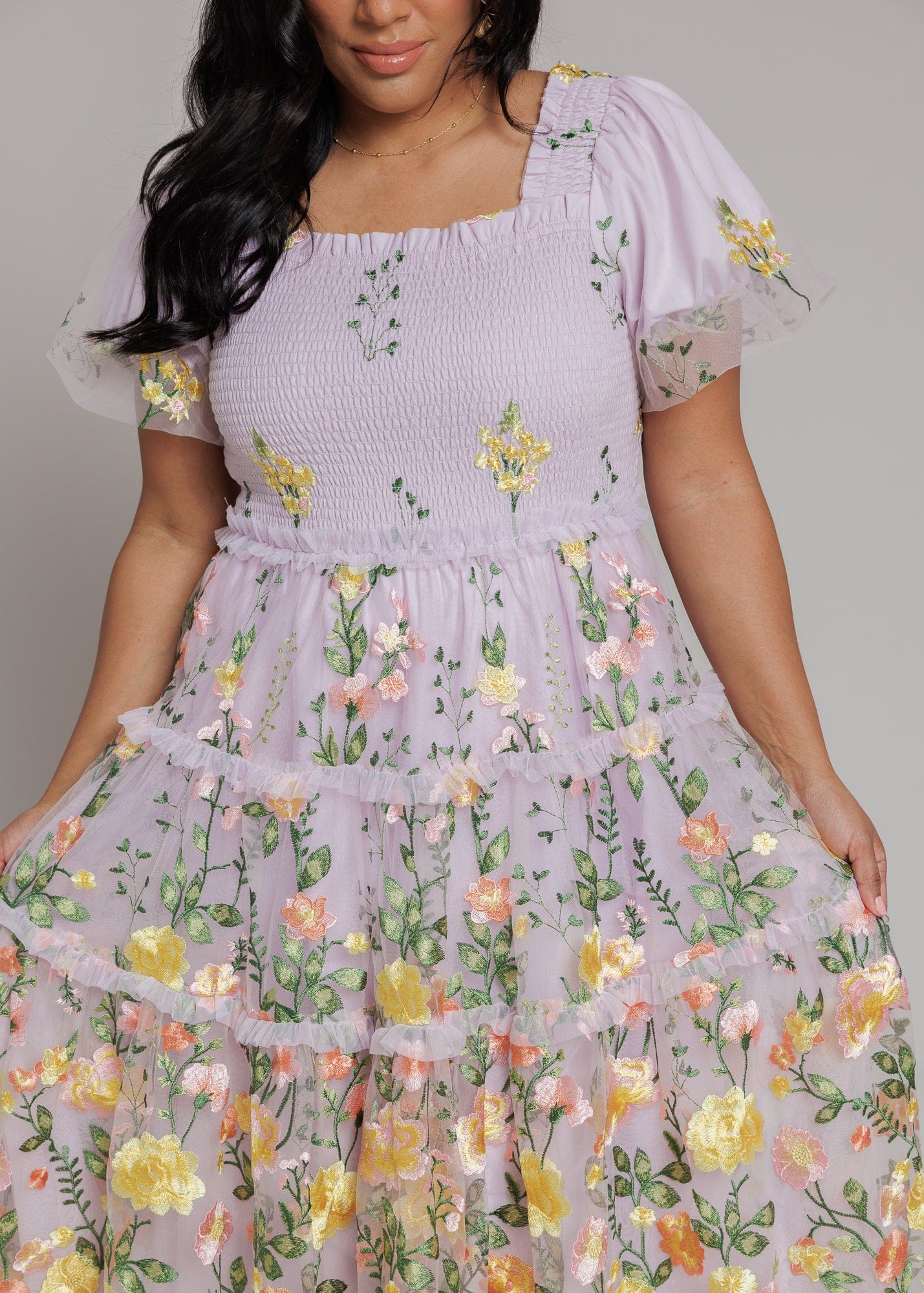 chic size inclusive model wearing JessaKae Pastel Petals Dress Sample