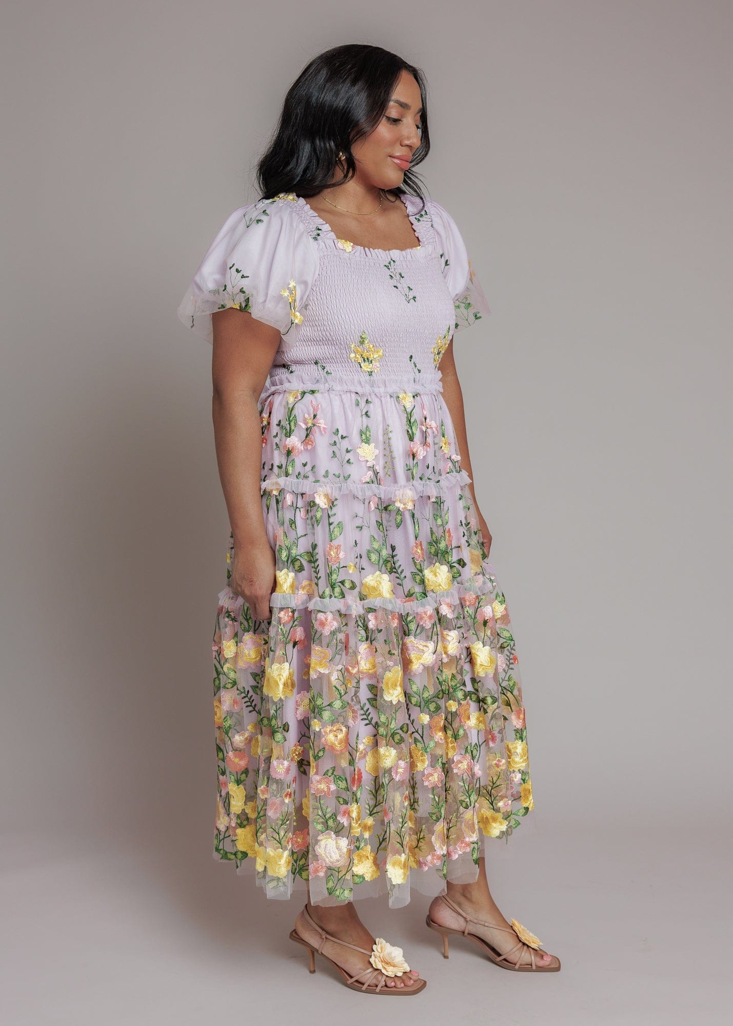 chic size inclusive model wearing JessaKae Pastel Petals Dress Sample