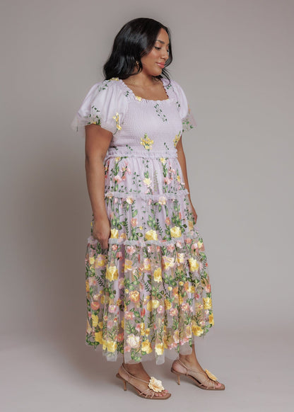 chic size inclusive model wearing JessaKae Pastel Petals Dress Sample