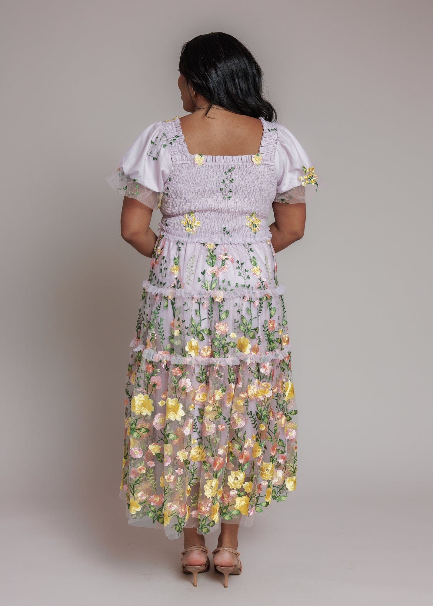 chic size inclusive model wearing JessaKae Pastel Petals Dress Sample