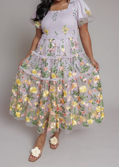 chic size inclusive model wearing JessaKae Pastel Petals Dress Sample