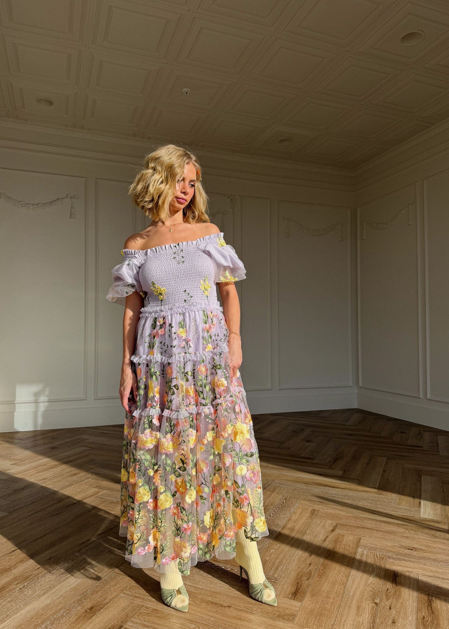 chic size inclusive model wearing JessaKae Pastel Petals Dress Sample