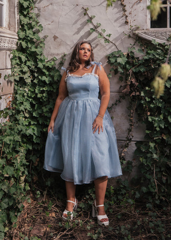 chic size inclusive model wearing JessaKae Priscilla Dress Dresses Dress_Priscilla Blue / XL