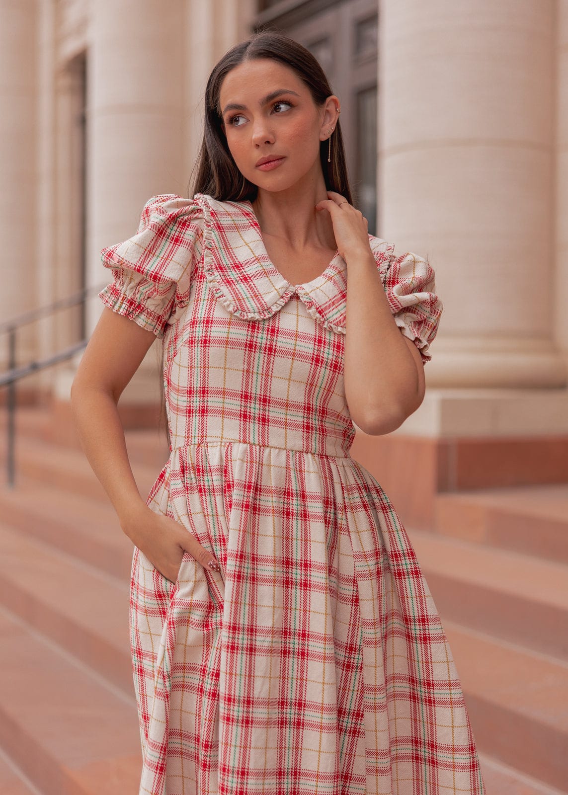 Pyper Oversized Collar Cotton Puff Sleeve Midi Dress - Red Plaid | Occasion Dress in Sizes XXS6X | JessaKae Pyper Oversized Collar Cotton Puff Sleeve Midi Dress - Red Plaid | Occasion Dress in Sizes XXS6X | JessaKae
