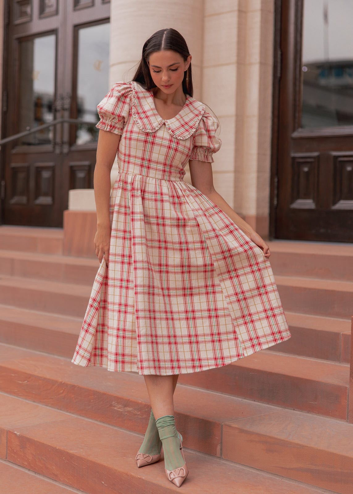 Pyper Oversized Collar Cotton Puff Sleeve Midi Dress - Red Plaid | Occasion  Dress in Sizes XXS–6X