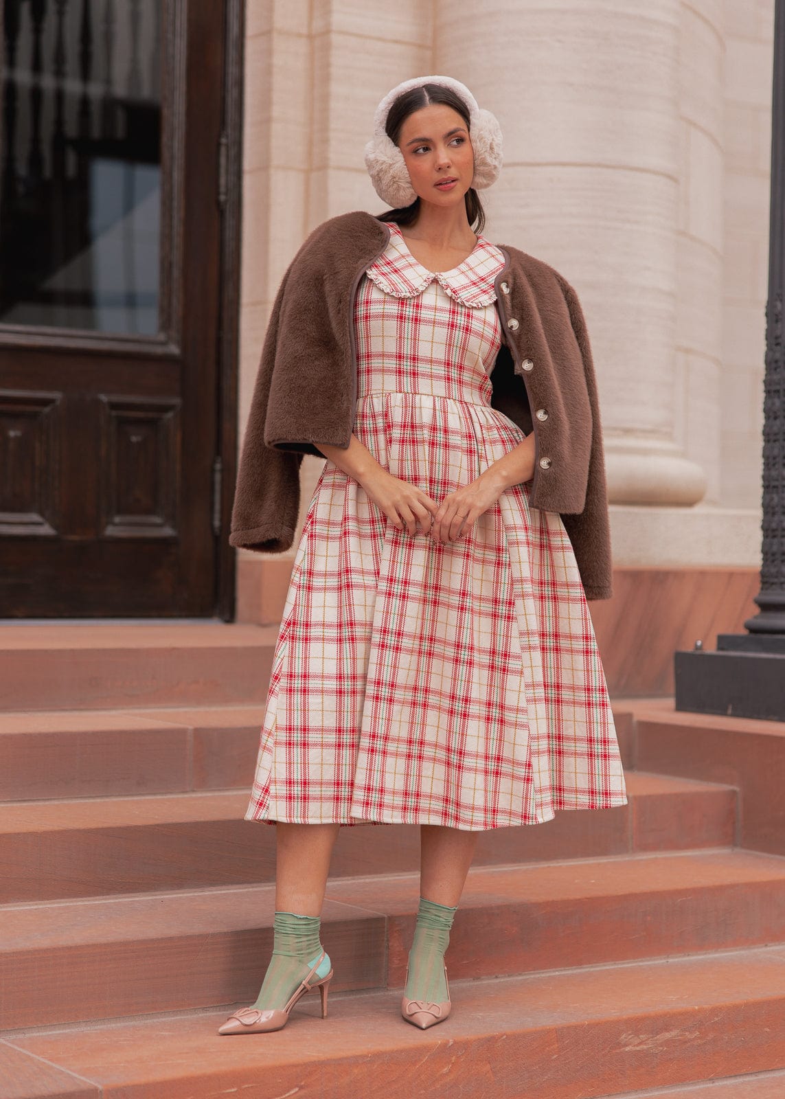 Pyper Oversized Collar Cotton Puff Sleeve Midi Dress - Red Plaid | Occasion Dress in Sizes XXS6X | JessaKae Pyper Oversized Collar Cotton Puff Sleeve Midi Dress - Red Plaid | Occasion Dress in Sizes XXS6X | JessaKae