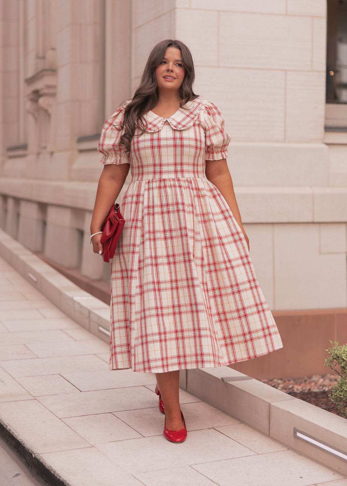 Pyper Oversized Collar Cotton Puff Sleeve Midi Dress - Red Plaid | Occasion Dress in Sizes XXS6X | JessaKae Pyper Oversized Collar Cotton Puff Sleeve Midi Dress - Red Plaid | Occasion Dress in Sizes XXS6X | JessaKae