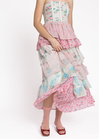 chic size inclusive model wearing JessaKae Rosemary Strapless Tiered Maxi Dress - Pink