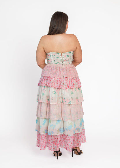 chic size inclusive model wearing JessaKae Rosemary Strapless Tiered Maxi Dress - Pink