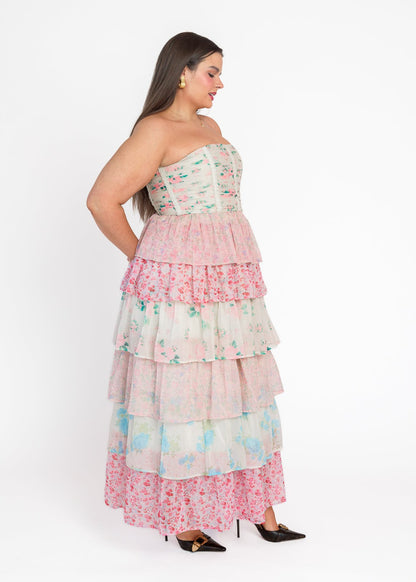 chic size inclusive model wearing JessaKae Rosemary Strapless Tiered Maxi Dress - Pink