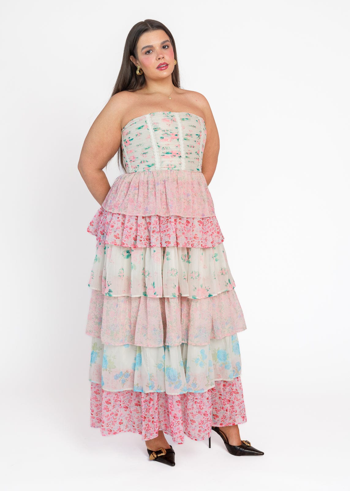 chic size inclusive model wearing JessaKae Rosemary Strapless Tiered Maxi Dress - Pink
