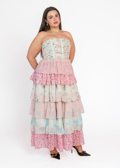 chic size inclusive model wearing JessaKae Rosemary Strapless Tiered Maxi Dress - Pink