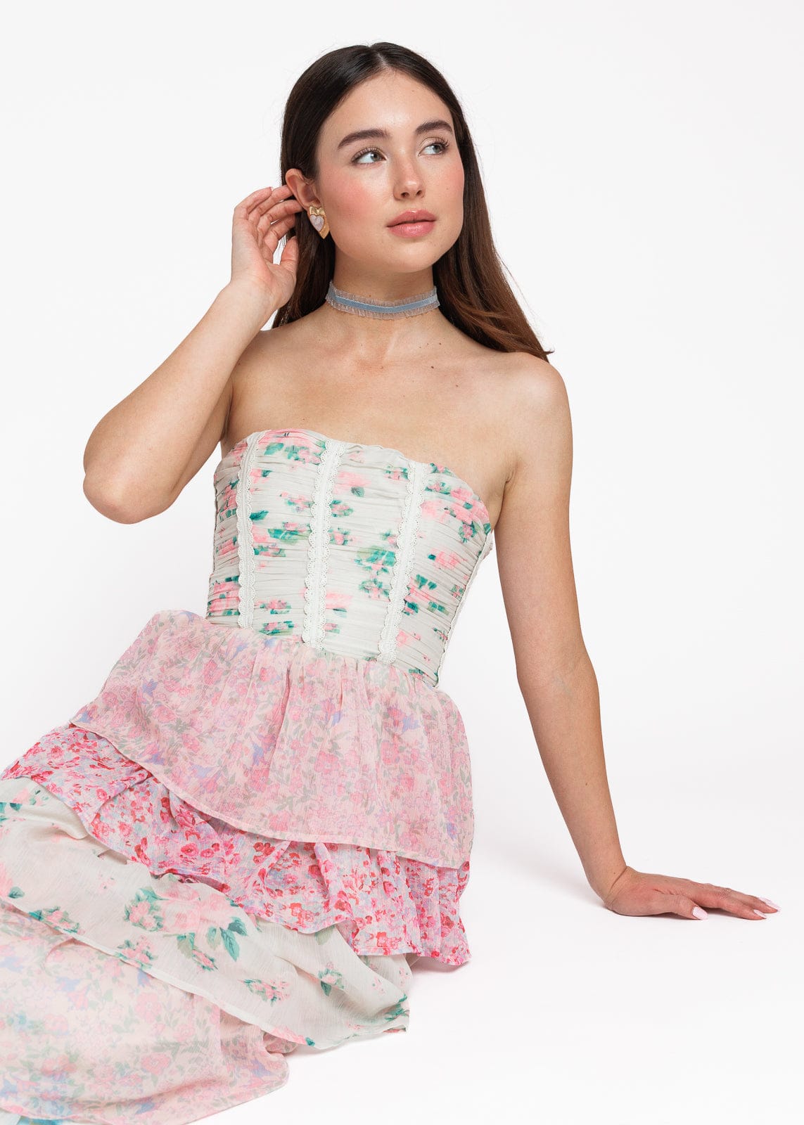 chic size inclusive model wearing JessaKae Rosemary Strapless Tiered Maxi Dress - Pink