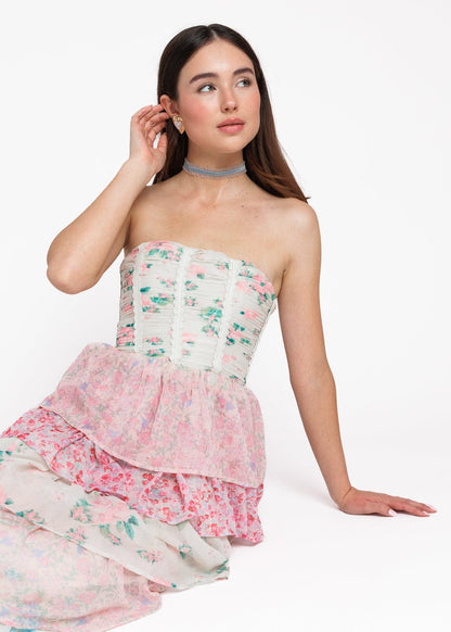 chic size inclusive model wearing JessaKae Rosemary Strapless Tiered Maxi Dress - Pink