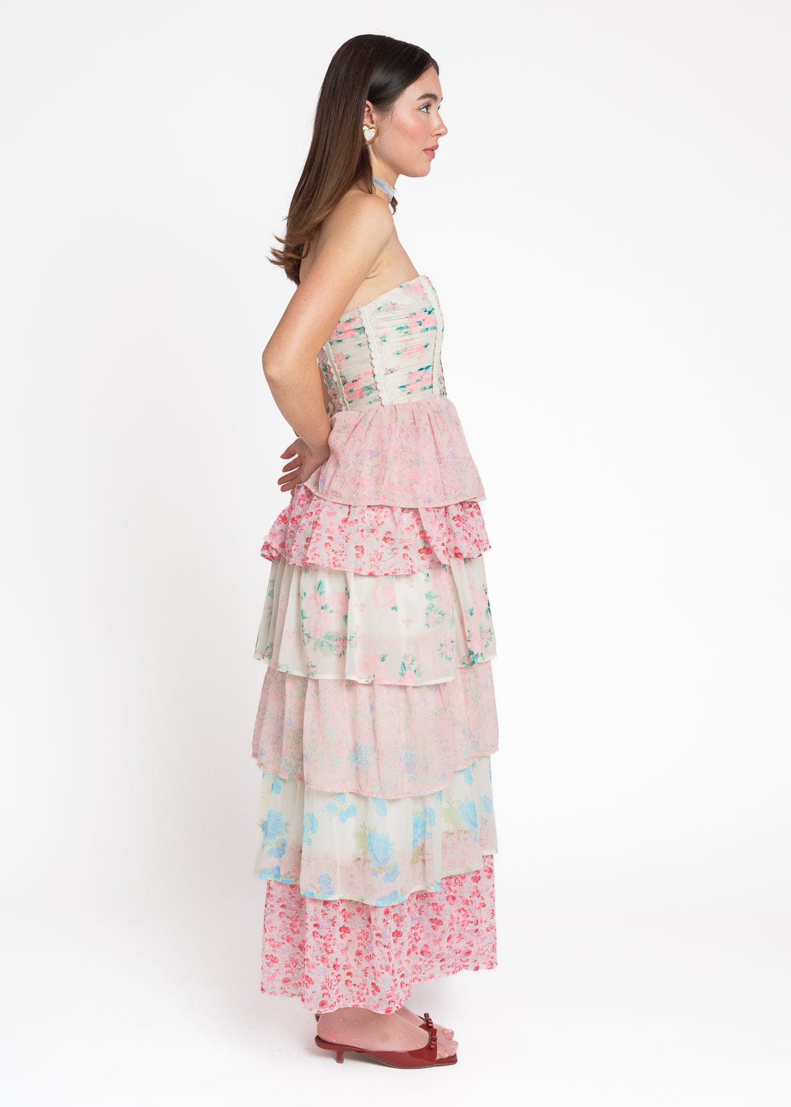 chic size inclusive model wearing JessaKae Rosemary Strapless Tiered Maxi Dress - Pink