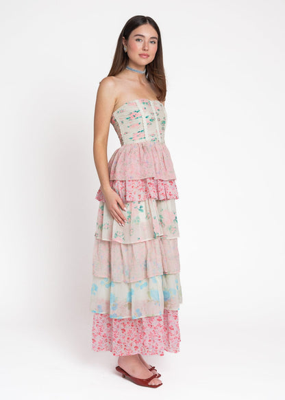 chic size inclusive model wearing JessaKae Rosemary Strapless Tiered Maxi Dress - Pink