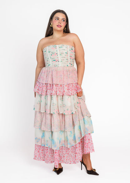 chic size inclusive model wearing JessaKae Rosemary Strapless Tiered Maxi Dress - Pink