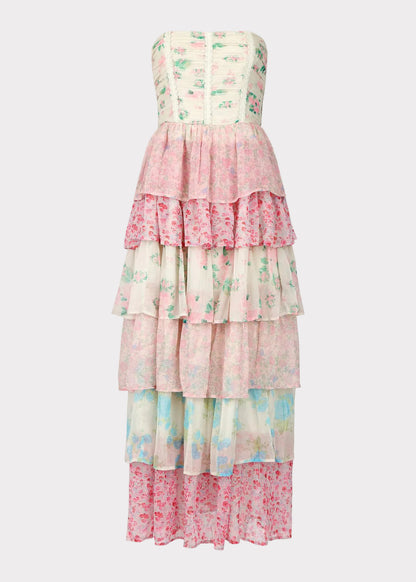 chic size inclusive model wearing JessaKae Rosemary Strapless Tiered Maxi Dress - Pink