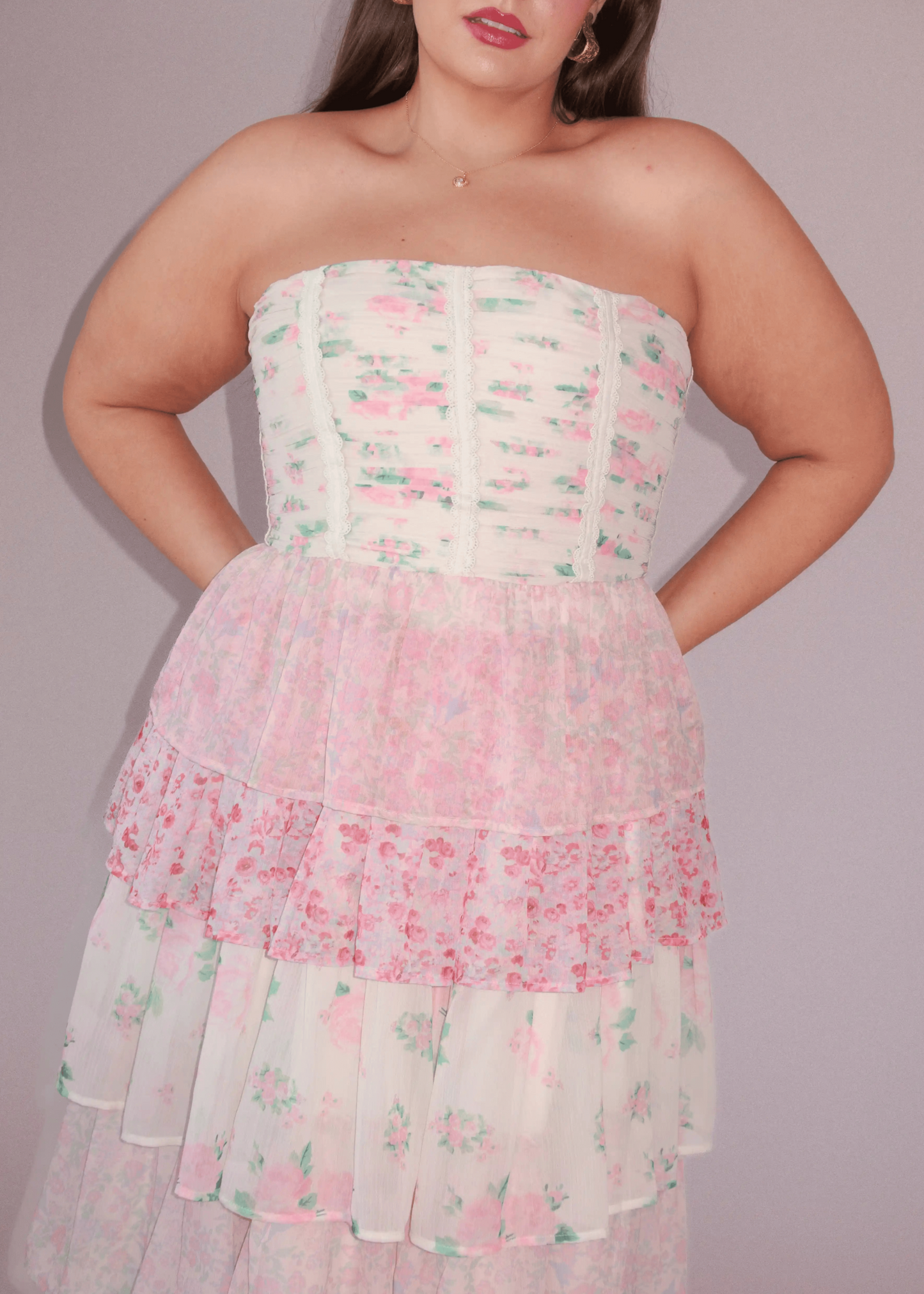 chic size inclusive model wearing JessaKae Rosemary Strapless Tiered Maxi Dress - Pink