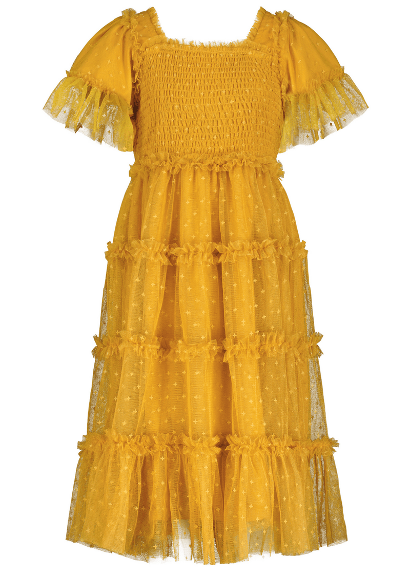 chic size inclusive model wearing JessaKae Senna Tulle Girls Dress Honey Gold / 12-18M Girls Dress