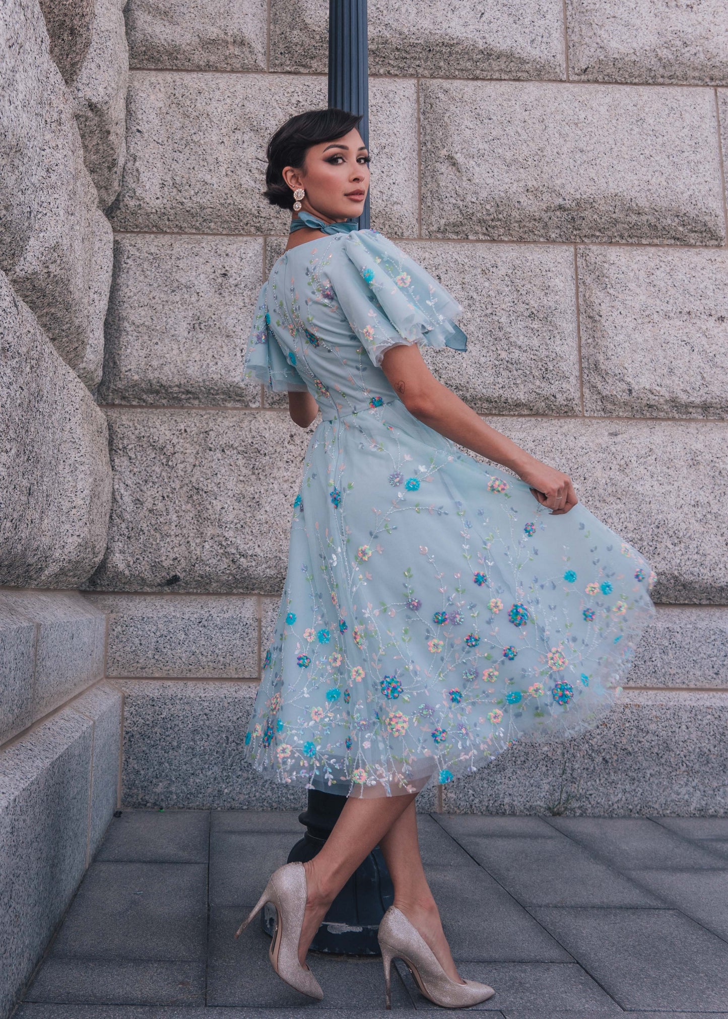 chic size inclusive model wearing JessaKae Shimmer Dress Dresses Dress_Blue / XXS