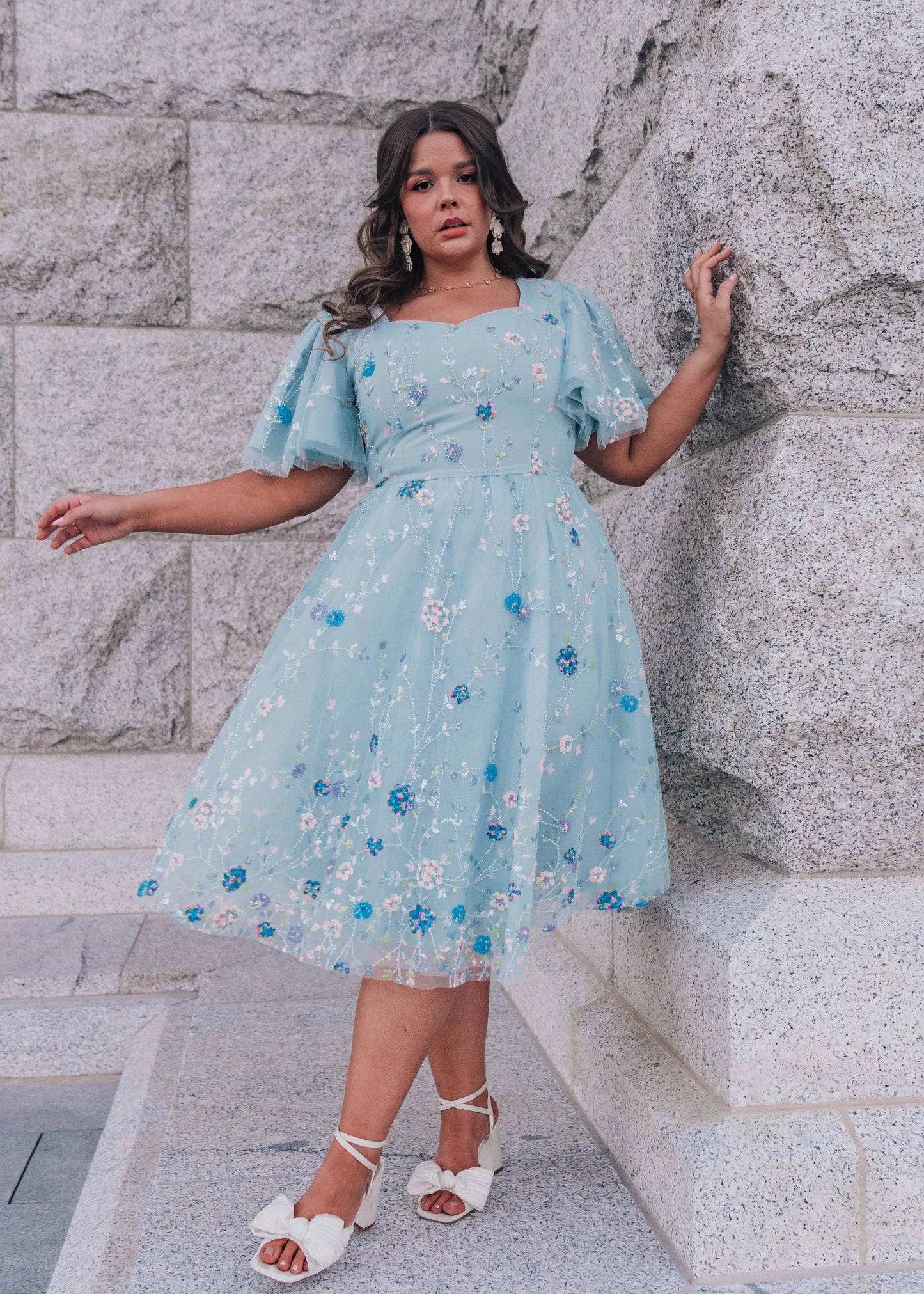 chic size inclusive model wearing JessaKae Shimmer Dress Dresses Dress_Blue / XL