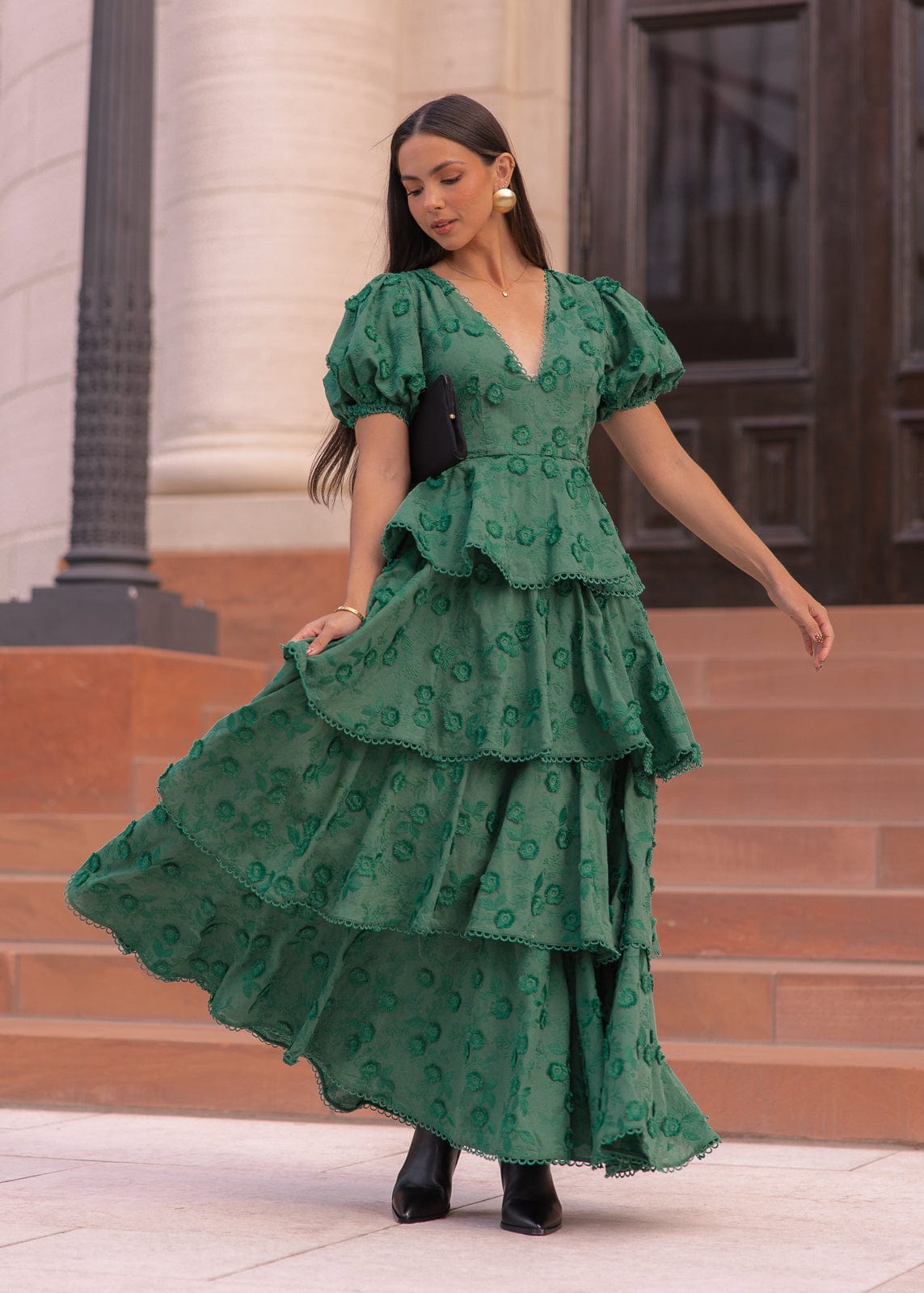 Sloane Puff Sleeve Tiered Cotton Floral V-Neck Maxi Dress - Green |  Occasion Dress in Sizes XXS–6X