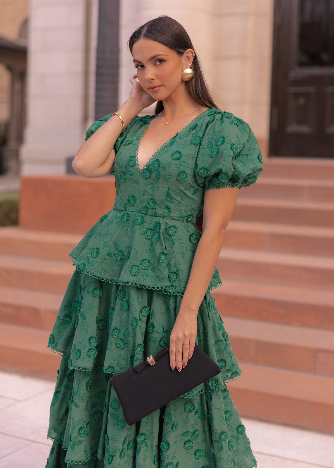 Sloane Puff Sleeve Tiered Cotton Floral V-Neck Maxi Dress - Green | Occasion Dress in Sizes XXS6X | JessaKae Sloane Puff Sleeve Tiered Cotton Floral V-Neck Maxi Dress - Green | Occasion Dress in Sizes XXS6X | JessaKae
