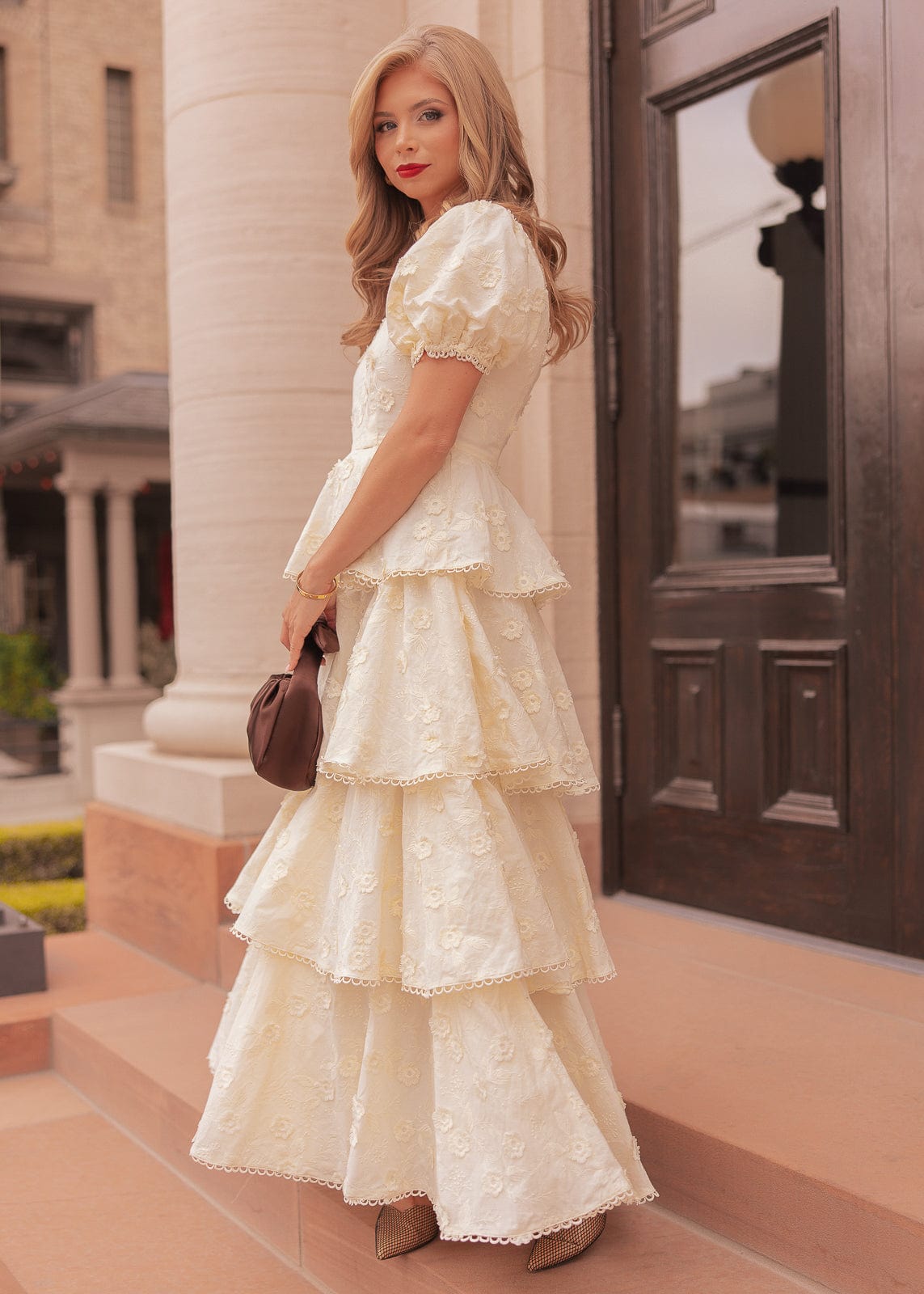 Sloane Puff Sleeve Tiered Cotton Floral V-Neck Maxi Dress - Cream