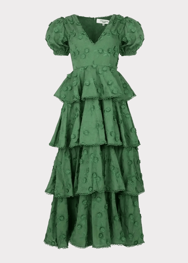chic size inclusive model wearing JessaKae Sloane Puff Sleeve Tiered Cotton Floral V-Neck Maxi Dress - Green Dresses