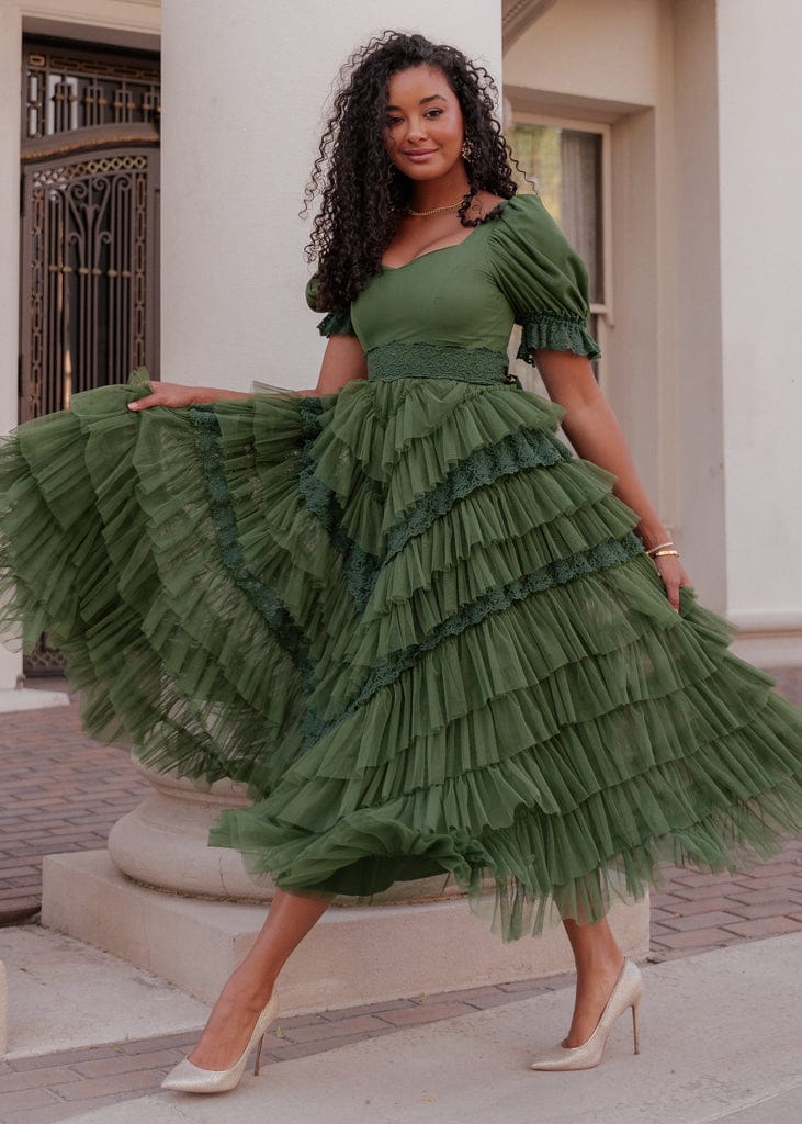 chic size inclusive model wearing JessaKae Thumbelina Dress Green Lace / XXS Dresses