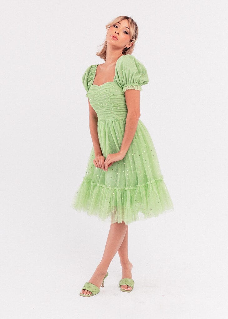 chic size inclusive model wearing JessaKae Tink Dress Dresses Dress_Tink Green / XS