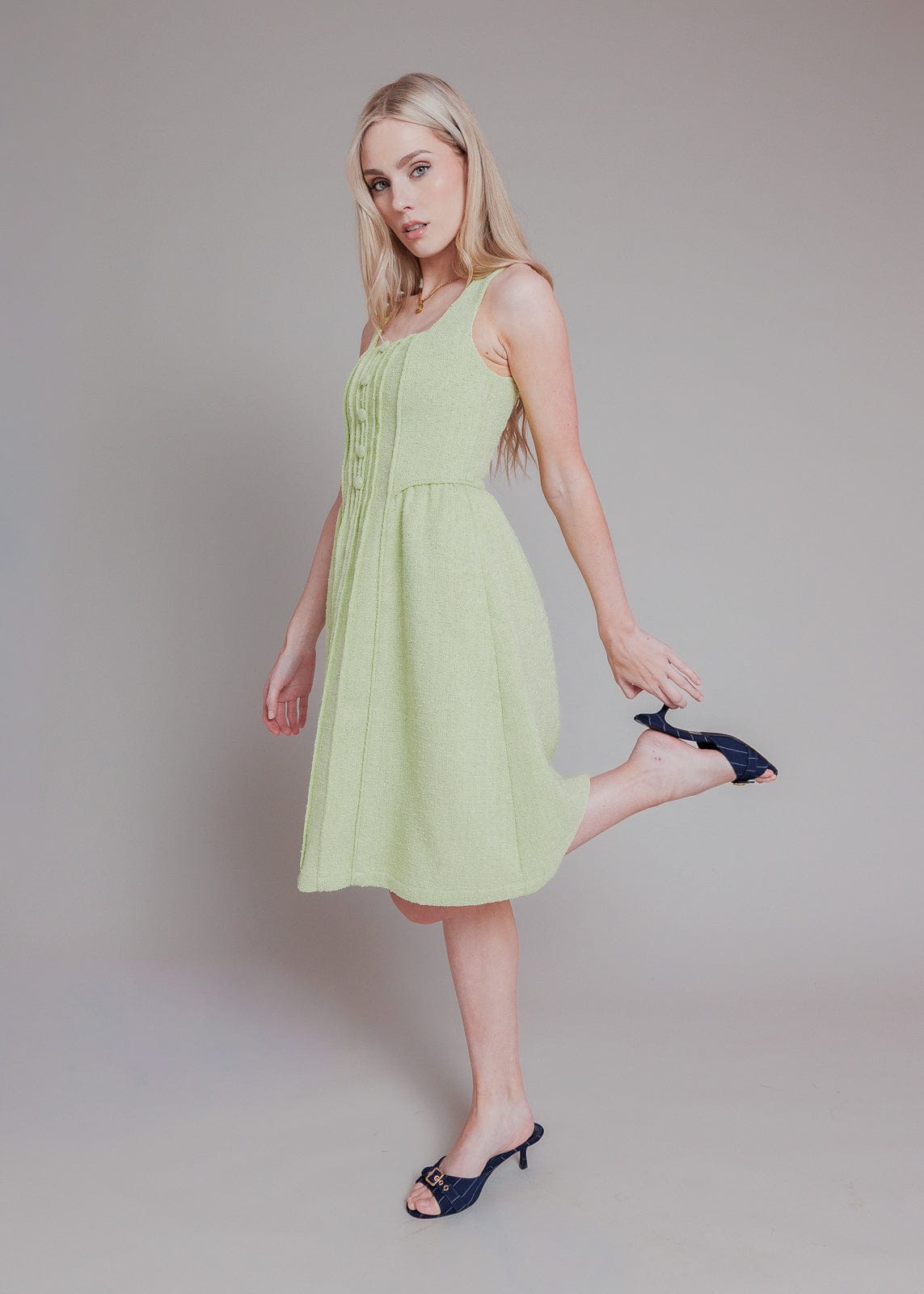 chic size inclusive model wearing JessaKae Waldorf Tweed Boucle Dress - Green Dresses