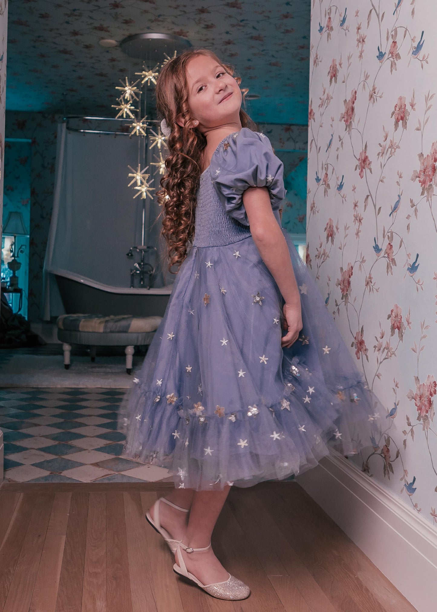 chic size inclusive model wearing JessaKae Wendy Girls Dress_Blue /  8-9Y Girls Dress