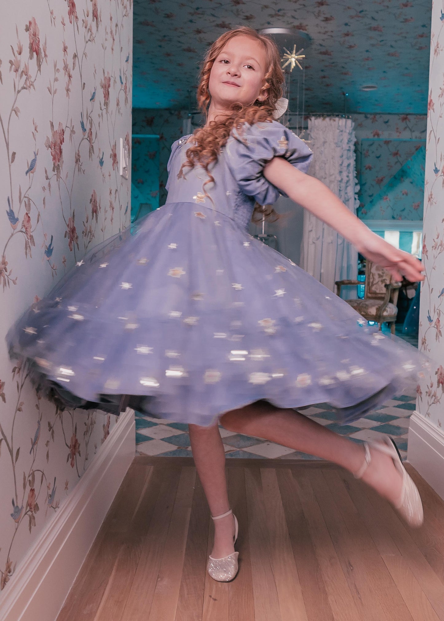 chic size inclusive model wearing JessaKae Wendy Girls Dress_Blue / 4-5Y Girls Dress