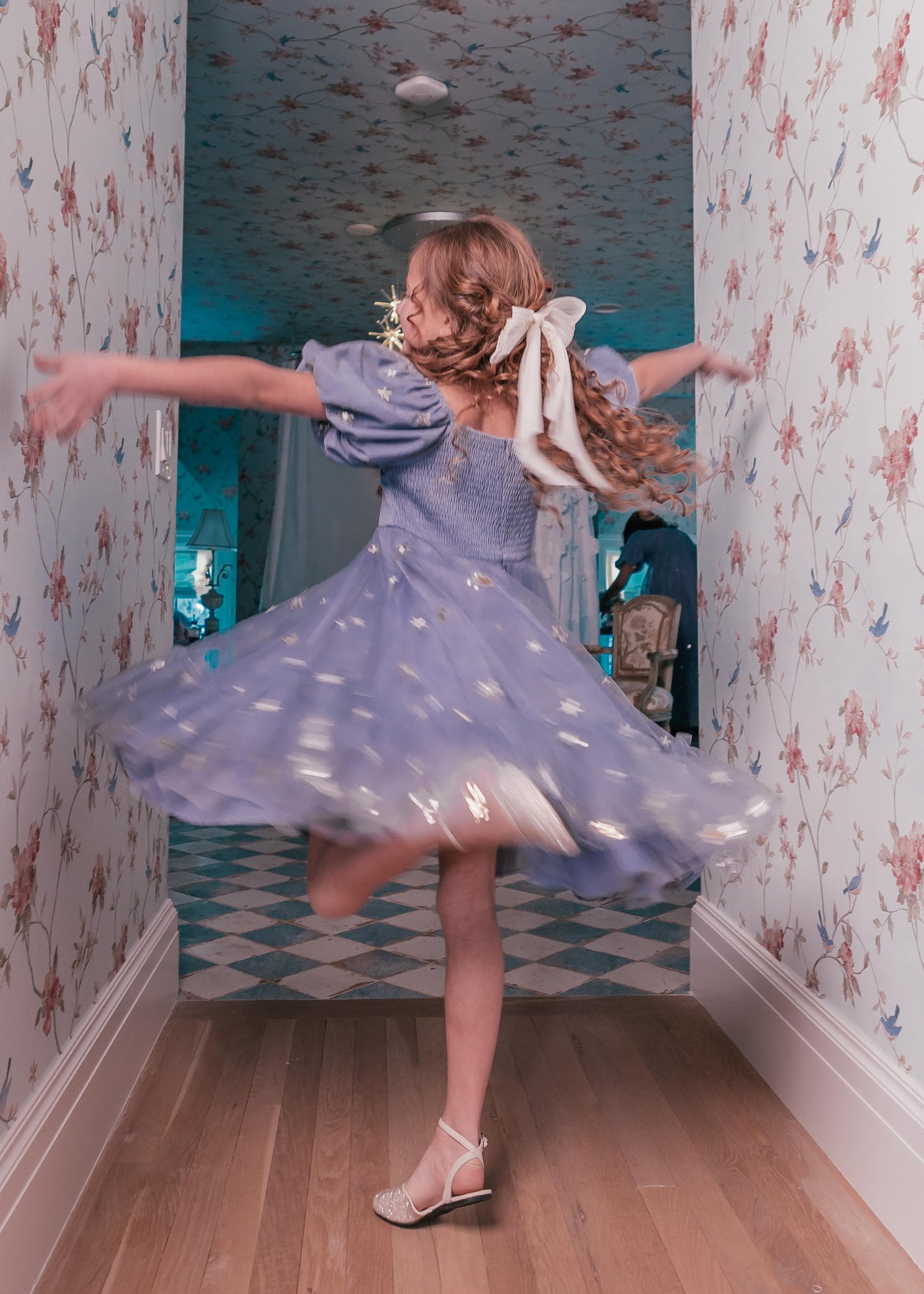 chic size inclusive model wearing JessaKae Wendy Girls Dress_Blue / 6-7Y Girls Dress