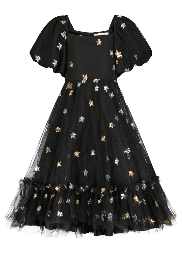 chic size inclusive model wearing JessaKae Wendy Girls Dress Black Star / 12-18M Girls Dress