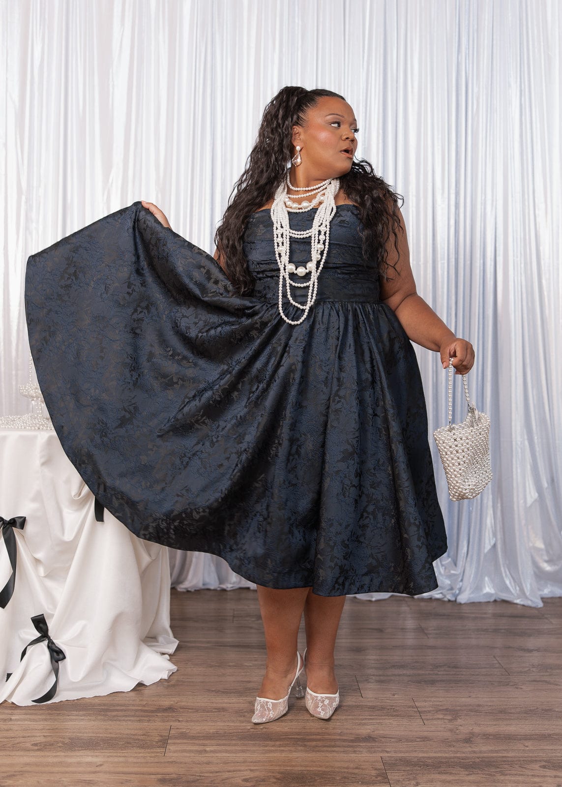 Winslow Strapless Jacquard Corset Midi Dress - Navy | Occasion