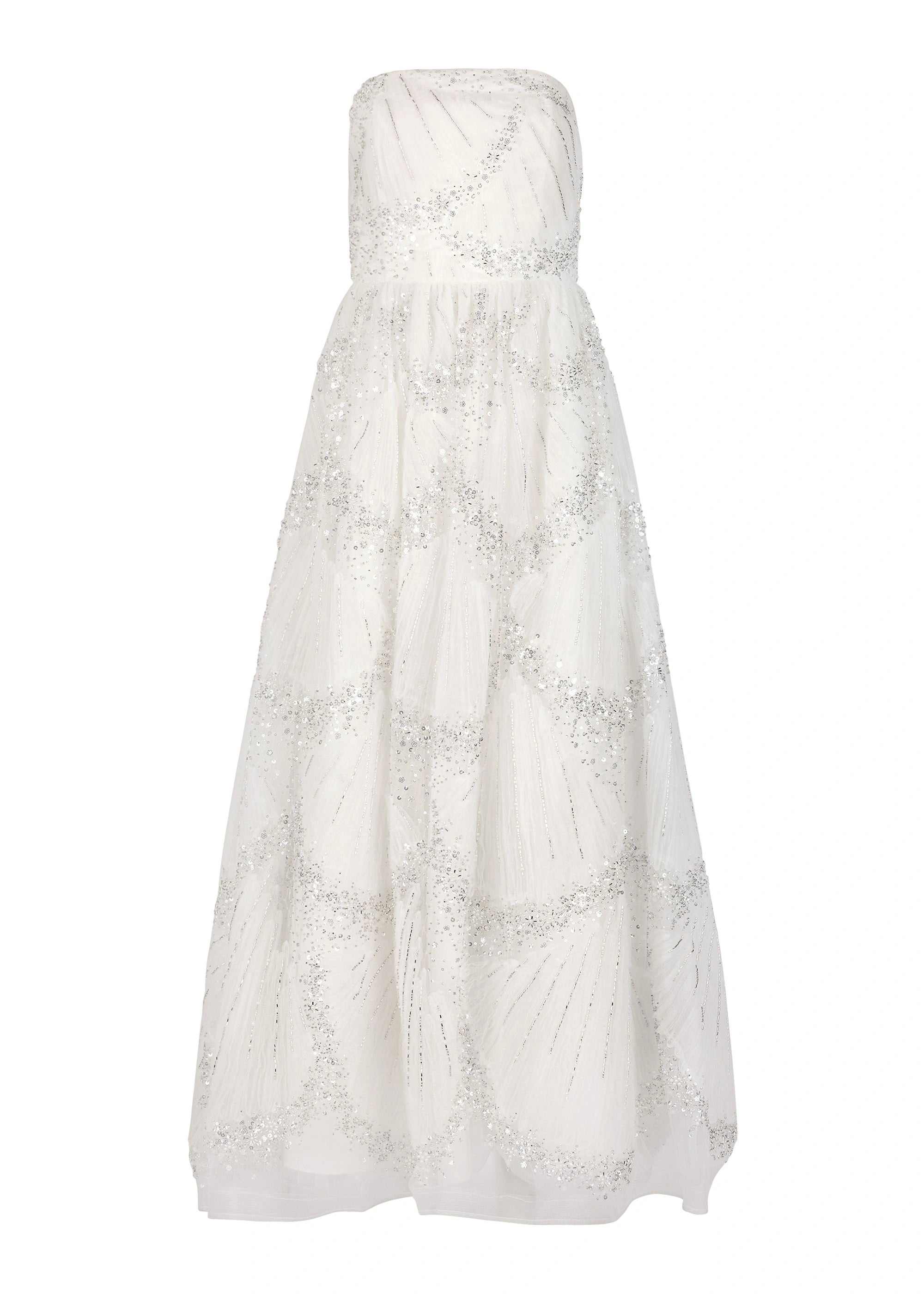 White strapless dress with silver embellishments on a fitted bodice and full skirt.