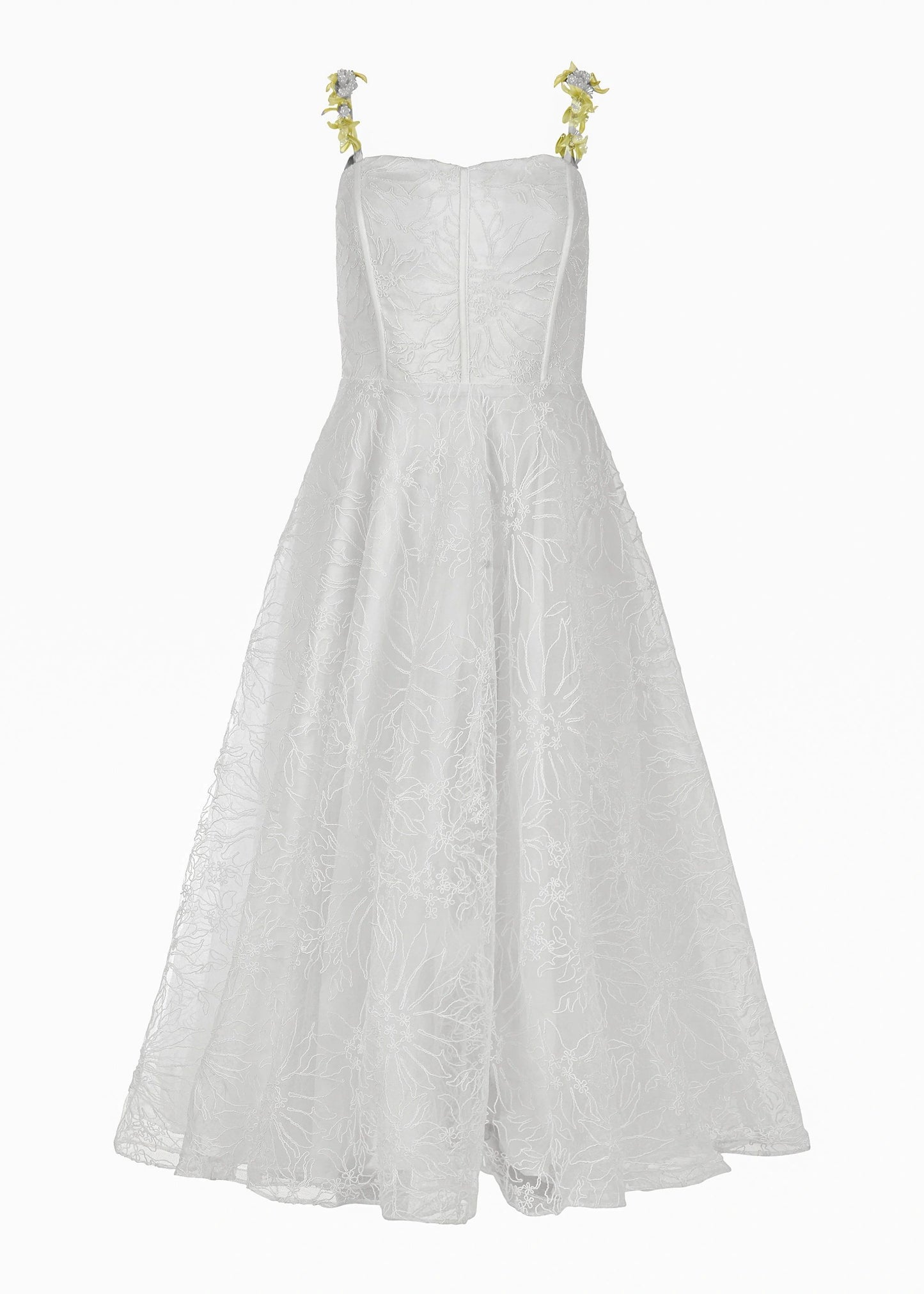 White strapless dress with floral straps and textured fabric, full skirt and fitted bodice, on a plain background.