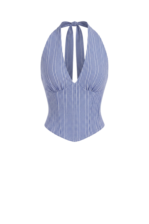 Picnic Corset in blue gingham, ghost mannequin front view