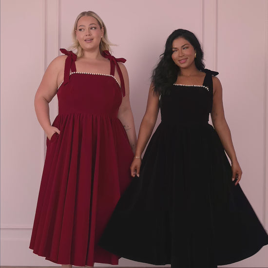 Mary Velvet Pearl Trim Bow Detail Midi Dress - Black