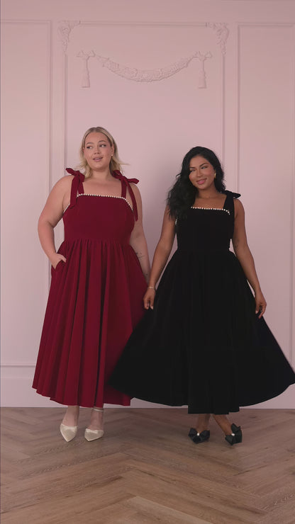 Mary Velvet Pearl Trim Bow Detail Midi Dress - Black