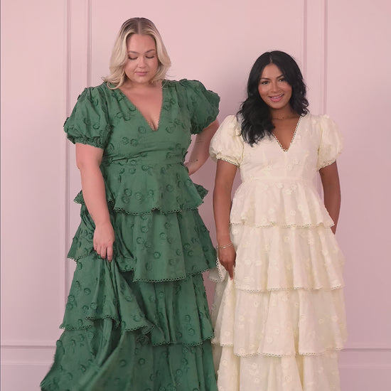 Sloane Puff Sleeve Tiered Cotton Floral V-Neck Maxi Dress - Green