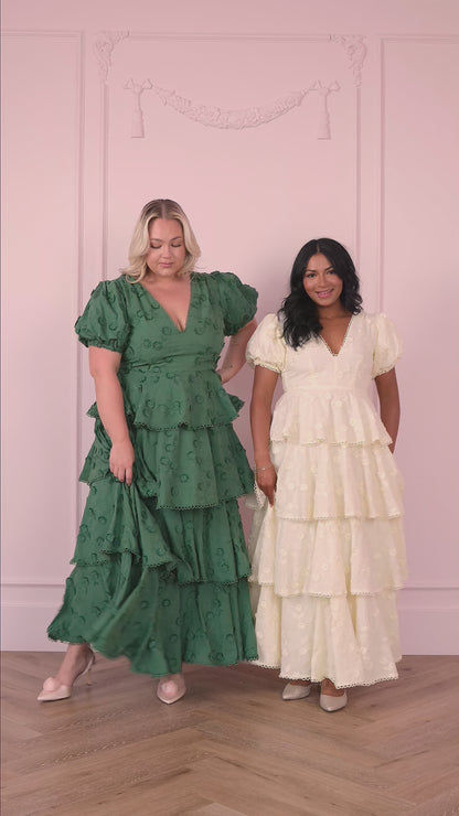 Sloane Puff Sleeve Tiered Cotton Floral V-Neck Maxi Dress - Green