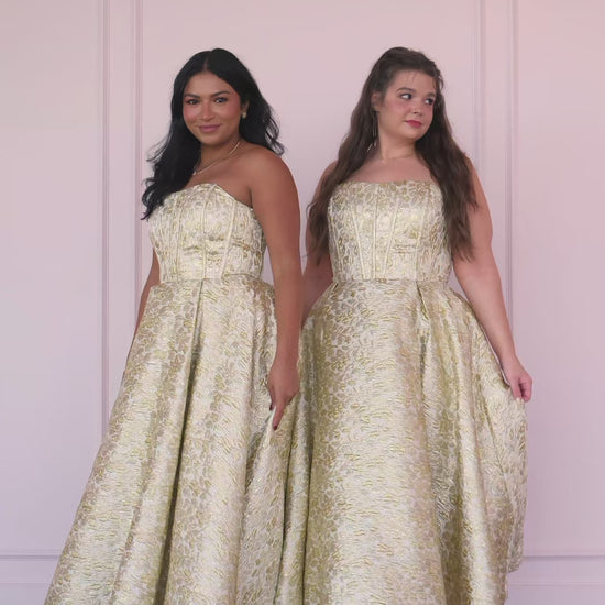 Gloria Strapless Corset Jacquard Midi Dress - Gold