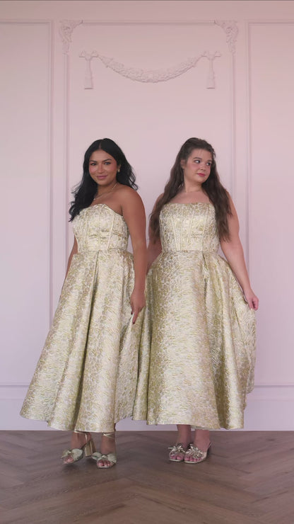 Gloria Strapless Corset Jacquard Midi Dress - Gold