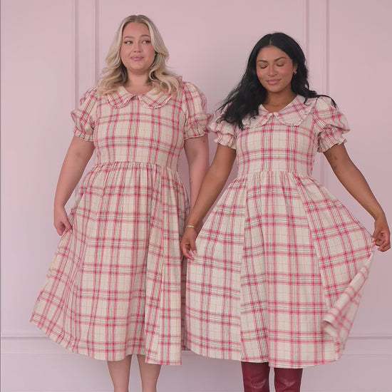 Pyper Oversized Collar Cotton Puff Sleeve Midi Dress - Red Plaid