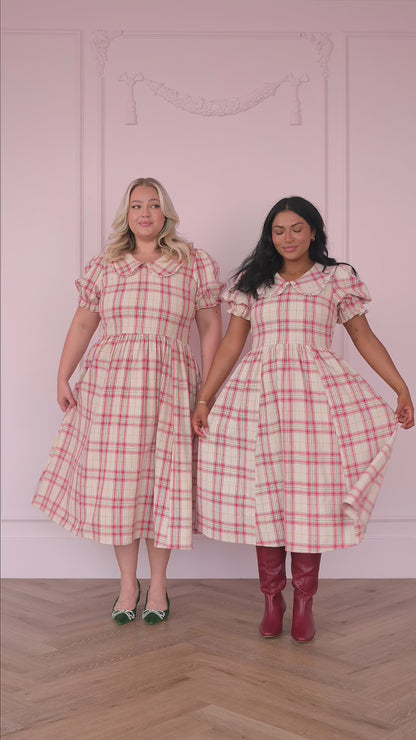 Pyper Oversized Collar Cotton Puff Sleeve Midi Dress - Red Plaid